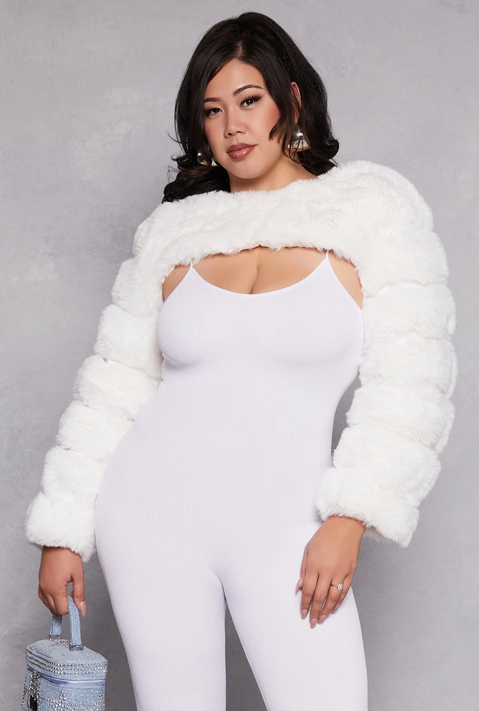 Womens Plus Size Faux Fur Pullover Bolero Jacket, White, Size 1X