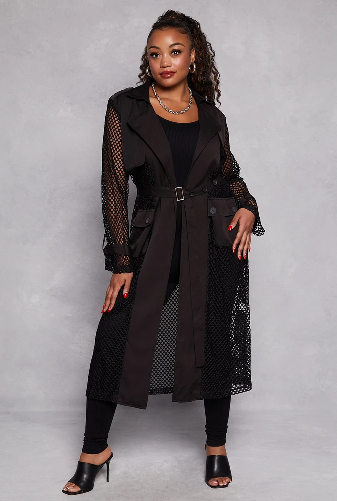 Womens Plus Size Fishnet Belted Wrap Coat, Black, Size 1X