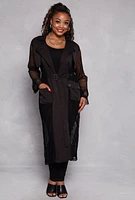 Womens Plus Size Fishnet Belted Wrap Coat, Black, Size 1X