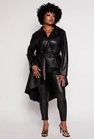 Womens Plus Size Belted High Low Faux Leather Jacket, Black, Size 2X