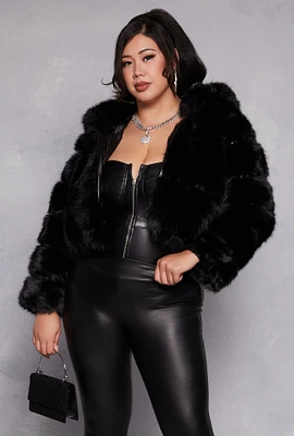 Womens Plus Faux Fur Hooded Cropped Jacket,