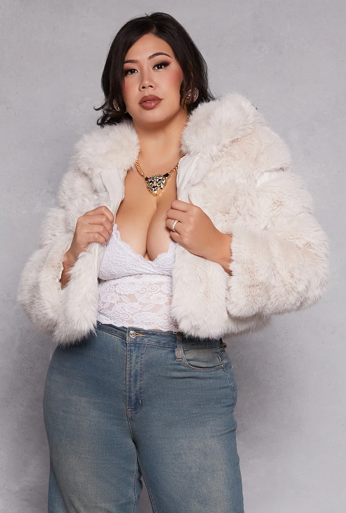 Womens Plus Size Faux Fur Hooded Cropped Jacket, White, Size 1X