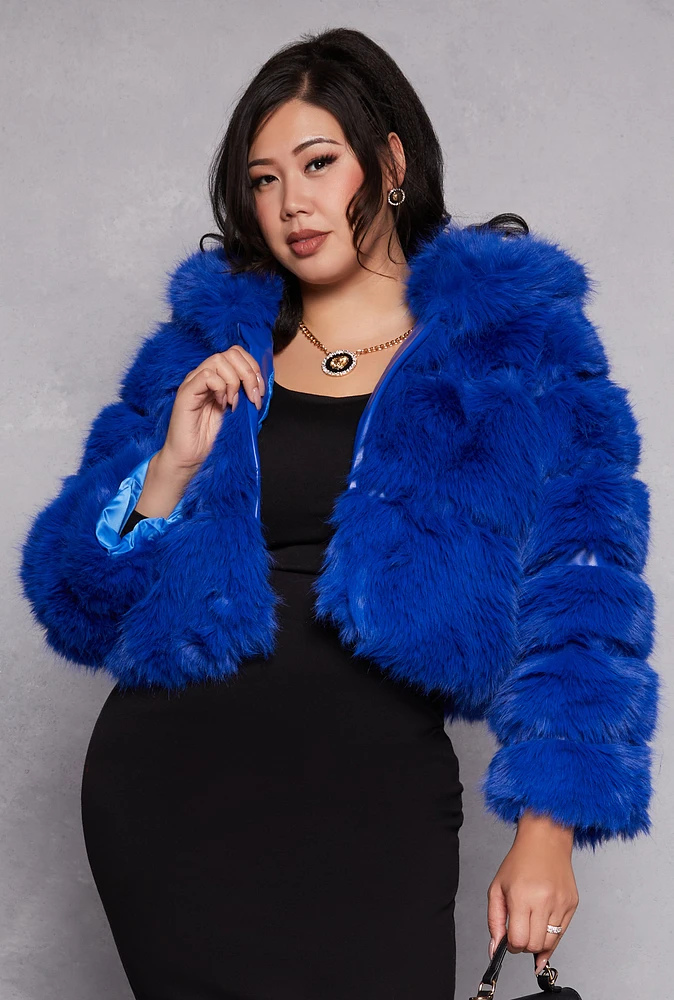 Womens Plus Faux Fur Hooded Cropped Jacket,