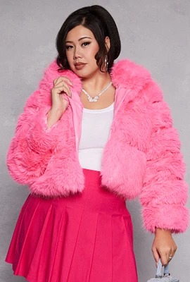 Womens Plus Size Faux Fur Hooded Cropped Jacket, Pink, Size 2X
