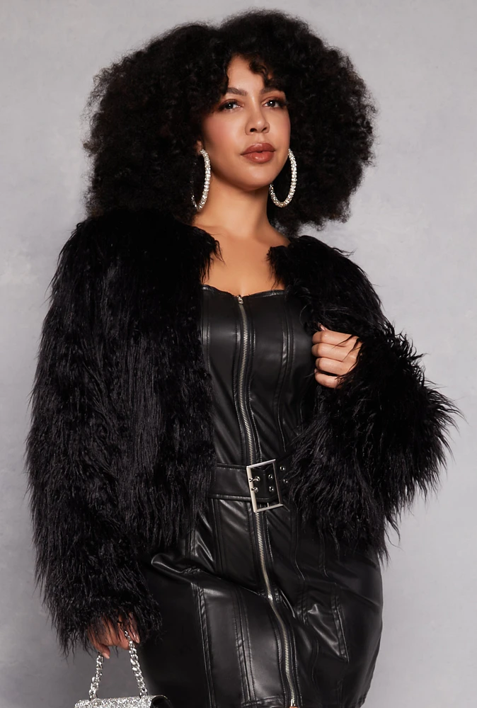 Womens Plus Shaggy Faux Fur Jacket, Black,