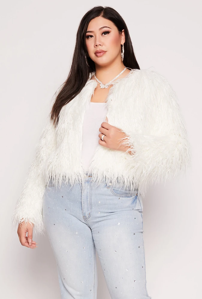 Womens Plus Shaggy Faux Fur Jacket, White,