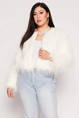 Womens Plus Shaggy Faux Fur Jacket, White,