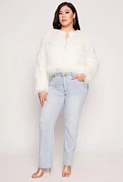 Womens Plus Shaggy Faux Fur Jacket, White,