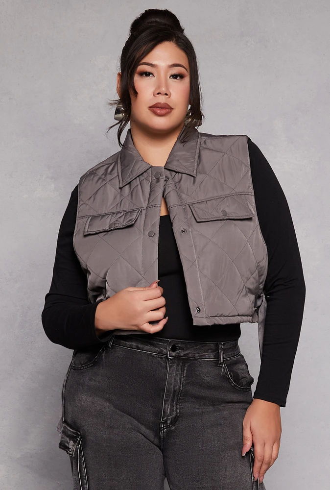 Womens Plus Size Almost Famous Quilted Cropped Vest, Grey, Size 2X