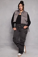 Womens Plus Size Almost Famous Quilted Cropped Vest, Grey, Size 2X