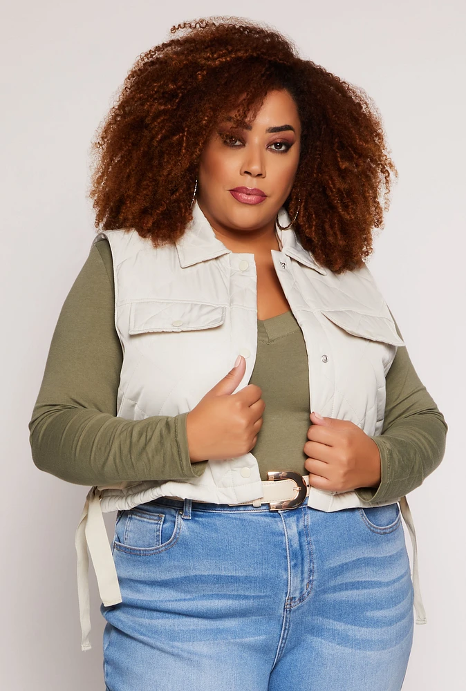 Womens Plus Size Almost Famous Quilted Cropped Vest, White, Size 2X