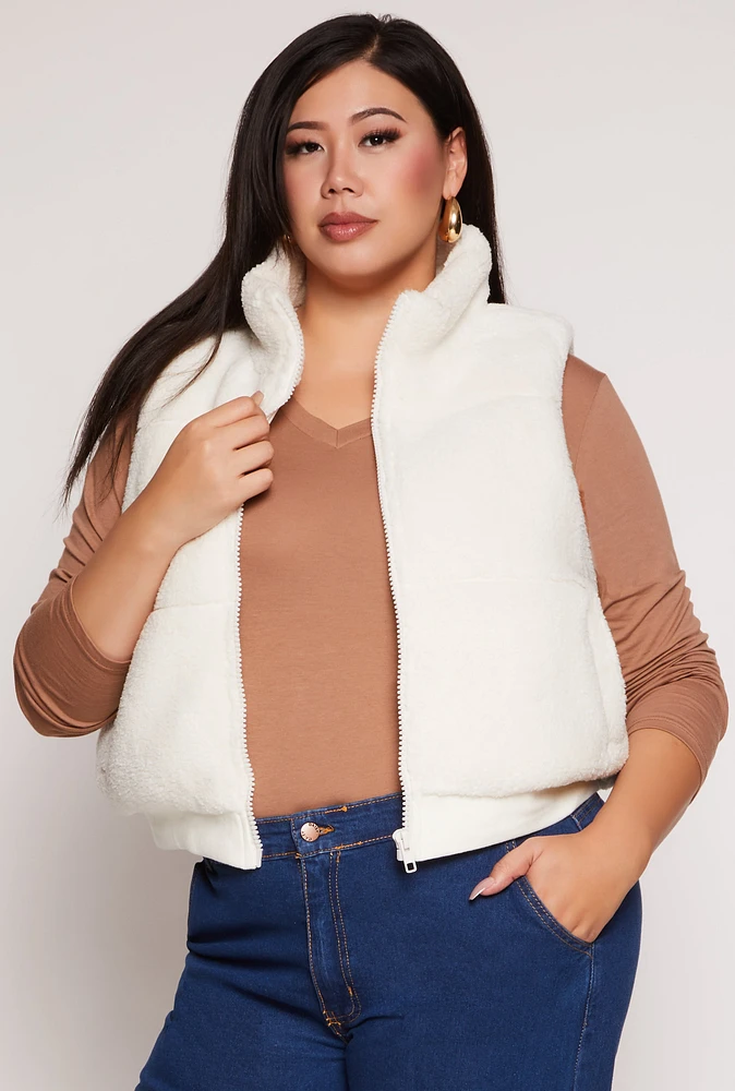 Womens Plus Size Almost Famous Sherpa Vest, White, Size 2X