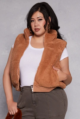 Womens Plus Almost Famous Sherpa Vest, Brown,