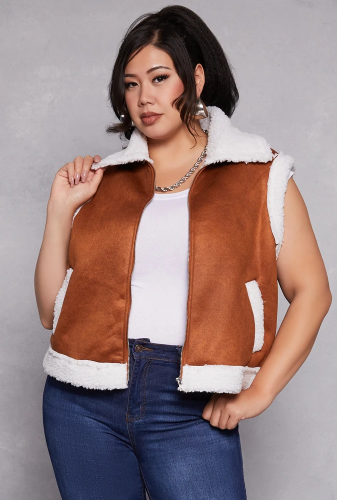 Womens Plus Size Almost Famous Faux Suede Vest, Brown, Size 1X