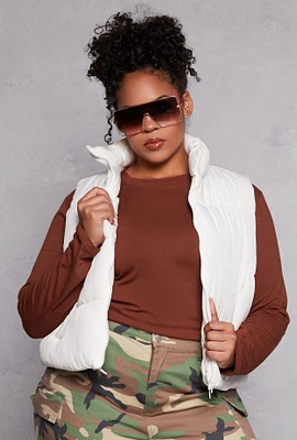 Womens Plus Size Almost Famous Nylon Puffer Vest, White, Size 2X