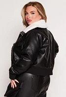 Womens Plus Faux Fur Collar Bomber Jacket, Black,