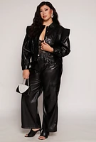 Womens Plus Size Faux Leather Snap Button Front Jacket, Black, Size 1X