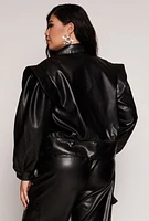 Womens Plus Size Faux Leather Snap Button Front Jacket, Black, Size 1X