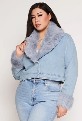 Womens Plus Size Faux Fur Trim Jean Jacket, Blue, Size 2X