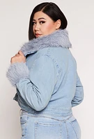 Womens Plus Size Faux Fur Trim Jean Jacket, Blue, Size 2X