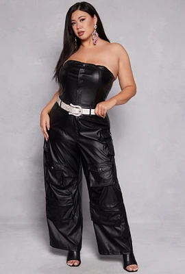 Womens Plus Faux Leather Cargo Pocket Jumpsuit, Black,