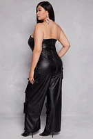 Womens Plus Faux Leather Cargo Pocket Jumpsuit, Black,