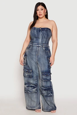 Womens Plus Size Spoon Jeans Strapless Denim Cargo Jumpsuit, Blue, Size 2X