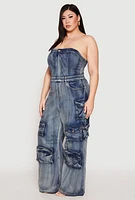 Womens Plus Size Spoon Jeans Strapless Denim Cargo Jumpsuit, Blue, Size 2X