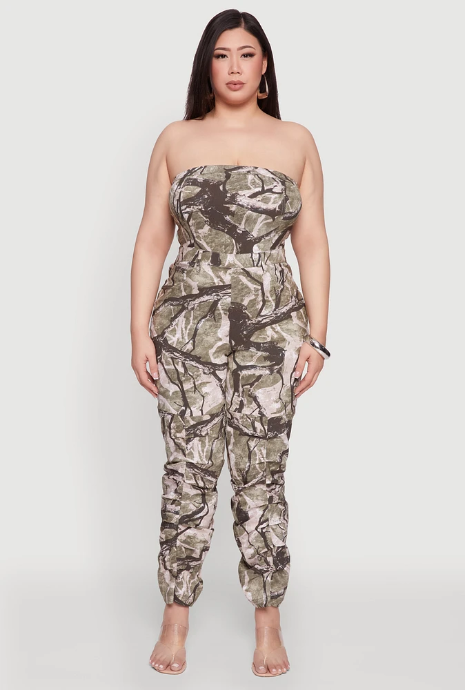 Womens Plus Size Chic Camouflage Stacked Leg Jumpsuit, Green, Size 1X