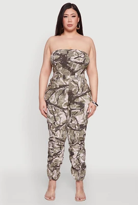Womens Plus Size Chic Camouflage Stacked Leg Jumpsuit, Green, Size 1X