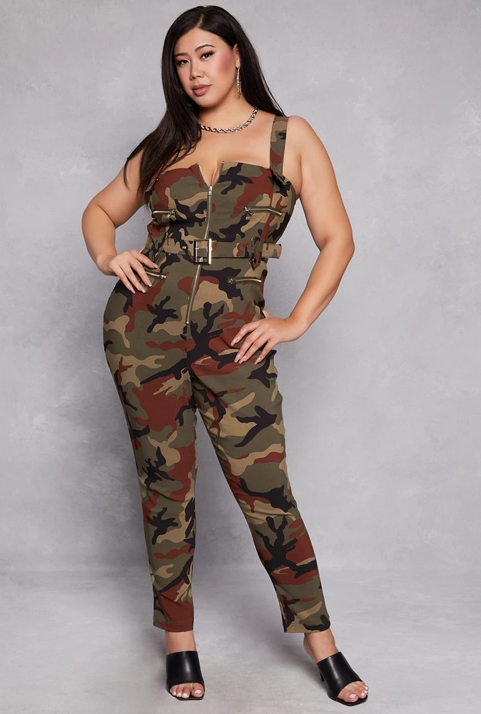 Womens Plus Size Camouflage Belted Jumpsuit, Green, Size 3X