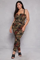 Womens Plus Size Camouflage Belted Jumpsuit, Green, Size 3X