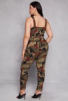 Womens Plus Size Camouflage Belted Jumpsuit, Green, Size 3X