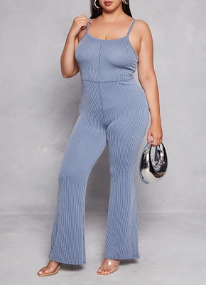 Womens Plus Size Almost Famous Ribbed Cami Flare Jumpsuit, Blue, Size 1X