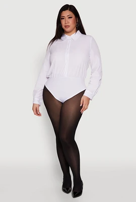 Womens Plus Size Daisy Long Sleeve Bodysuit with Shirt Collar, White, Size 1X