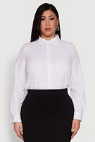 Womens Plus Size Daisy Long Sleeve Bodysuit with Shirt Collar, White, Size 1X