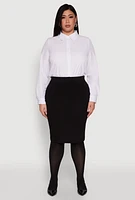 Womens Plus Size Daisy Long Sleeve Bodysuit with Shirt Collar, White, Size 1X