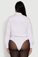 Womens Plus Size Daisy Long Sleeve Bodysuit with Shirt Collar, White, Size 1X
