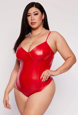 Womens Plus Size Iris Faux Leather Bustier Bodysuit, Red, Size 3X