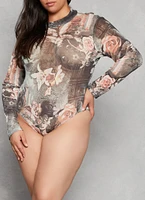 Womens Plus Mesh Printed Mock Neck Bodysuit, Multi,