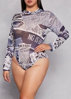 Womens Plus Mesh Printed Mock Neck Bodysuit, Multi,