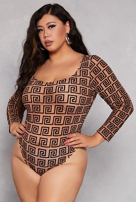 Womens Plus Size Mesh Greek Key Velvet Burnout Bodysuit, Brown, Size 2X