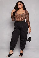 Womens Plus Size Mesh Greek Key Velvet Burnout Bodysuit, Brown, Size 2X