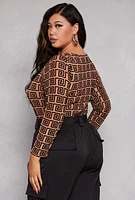 Womens Plus Size Mesh Greek Key Velvet Burnout Bodysuit, Brown, Size 2X
