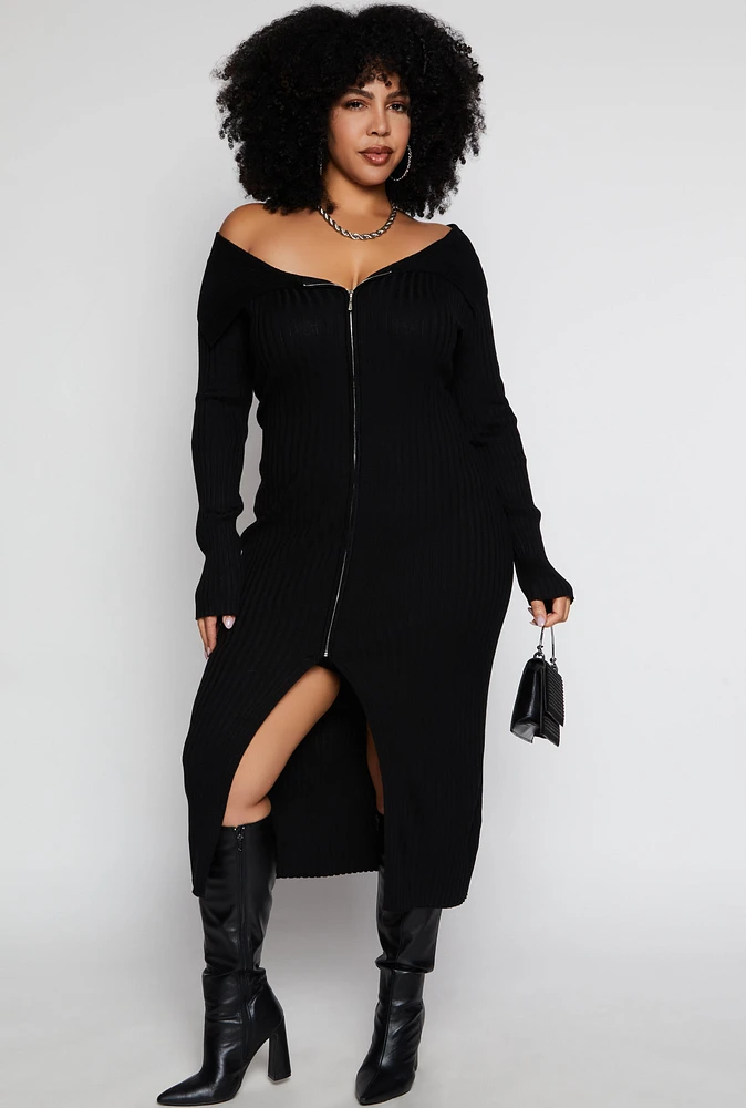 Womens Plus Size Almost Famous Zip Front Sweater Dress, Black, Size 3X