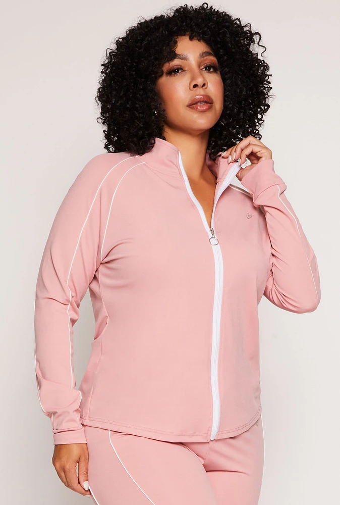 Womens Plus Size Contrast Piping Zip Front Track Jacket, Pink, Size 2X