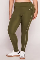 Womens Plus Size Contrast Piping High Waist Leggings, Green, Size 3X