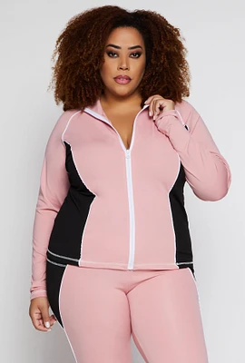 Womens Plus Size Color Block Contrast Trim Track Jacket, Pink, Size 2X