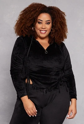 Womens Plus Velour Ruched Half Zip Hoodie,