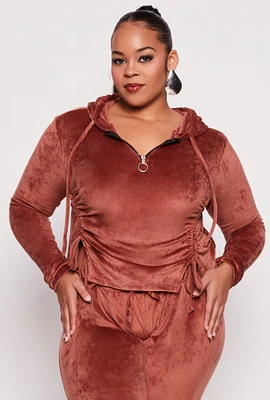 Womens Plus Size Velour Ruched Half Zip Hoodie, Brown, Size 3X